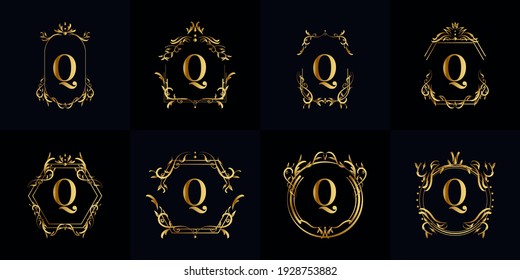 Colección del logotipo Q inicial con adorno de lujo o marco floral