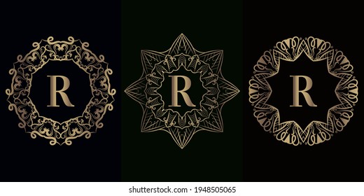 Collection of logo initial R with luxury mandala ornament frame