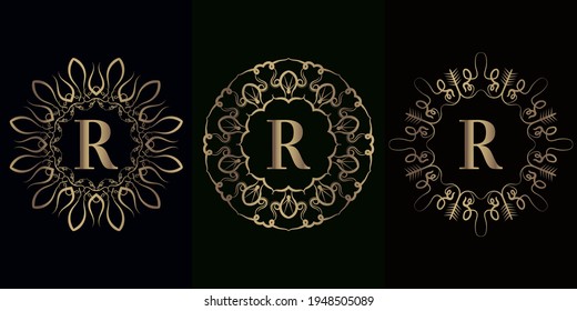 Collection of logo initial R with luxury mandala ornament frame