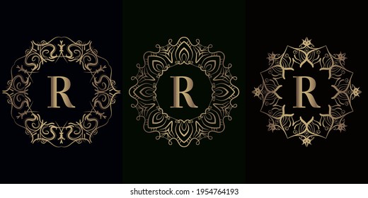 Colección del logotipo inicial R con marco de adorno de Mandala de lujo