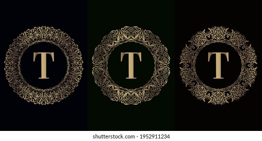 Colección de logotipo T inicial con marco adorno de Mandala de lujo