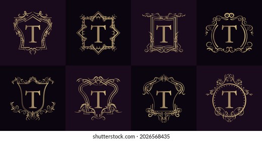 Colección de logotipo T inicial con adorno de lujo o marco floral