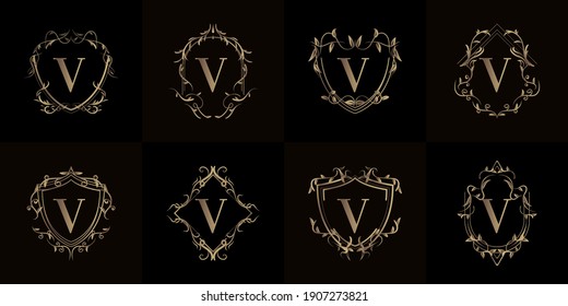 Colección del logotipo V inicial con adorno de lujo o marco floral