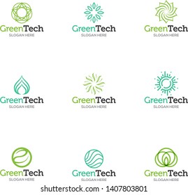 Collection of logo templates. Vector abstract shapes for green technology brand, logo, label design. Eco, organic, tree, energy, natural resources tech.