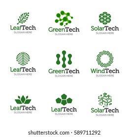 Collection Of Logo Templates. Vector Abstract Shapes For Green Technology Brand, Logo, Label Design. Eco, Organic, Tree, Energy, Natural Resources Tech.