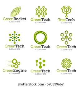 Collection of logo templates. Vector abstract shapes for green technology brand, logo, label design. Eco, organic, tree, energy, natural resources tech.