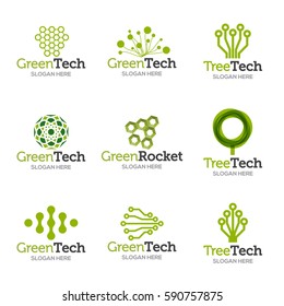 Collection Of Logo Templates. Vector Abstract Shapes For Green Technology Brand, Logo, Label Design. Eco, Organic, Tree, Energy, Natural Resources Tech.