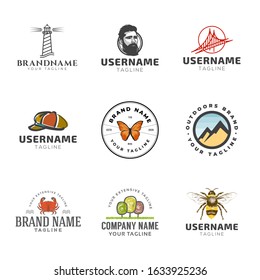 Collection of logo templates. Vector stylized lighthouse, man, bridge, hat and hand drawn bee, crab, trees, butterfly illustrations set, tech, eco, nature, organic, outdoors restaurant brand design.