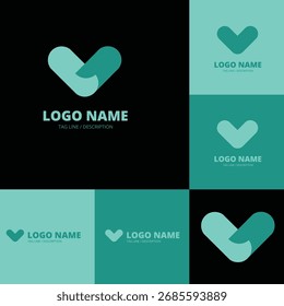 Una colección de variaciones de logotipos con una forma estilizada de corazón o marca de verificación, presentada en diferentes combinaciones de colores y fondos.
