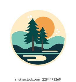 Colección de logotipo, arte vectorial, ilustración de montaña, paisaje, naturaleza, árbol, lago, hojas.