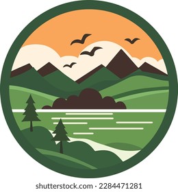 A collection of logo, vector art, illustration of mountain, landscape, nature, tree, lake, leaves.