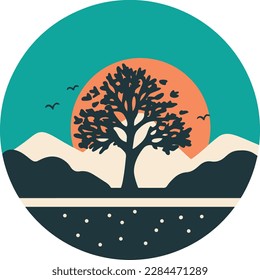 A collection of logo, vector art, illustration of mountain, landscape, nature, tree, lake, leaves.