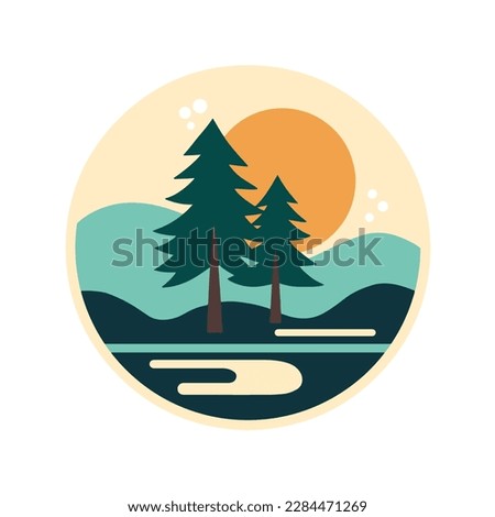A collection of logo, vector art, illustration of mountain, landscape, nature, tree, lake, leaves.