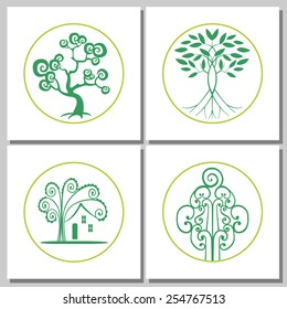 Collection of logos of abstract green trees. Design elements for logo or corporate identity. Concept for ecological, real estate or agriculture industry. Vector file is EPS8.