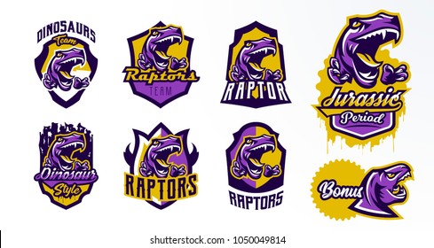 A collection of logos, badges, stickers, dinosaur emblems and its sharp teeth. Dangerous beast, predator of the Jurassic period, animal, mascot. Lettering, shield, print. Vector illustration