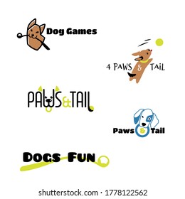 Collection of logos with cartoon dog faces of different breeds and dog toys