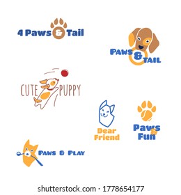 Collection of logos with cartoon dog faces of different breeds and dog toys