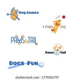 Collection of logos with cartoon dog faces of different breeds and dog toys