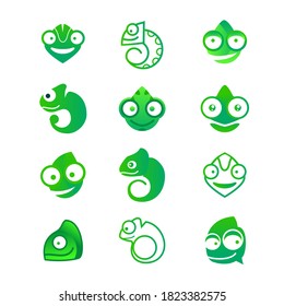A collection of logos with chameleon. Cute character for a business emblem. Set of vector lizard mascot.