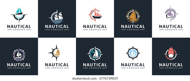 A collection of logos with the concept of a compass and boat, sea travel, guides, graphic design inspiration.