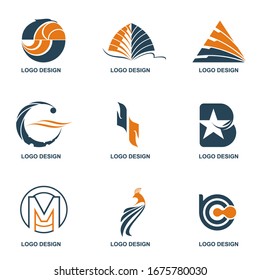 Collection of logos, the concept of the pyramid logo, finance, stars, birds and the bitcoin logo in blue and orange, modern logos
