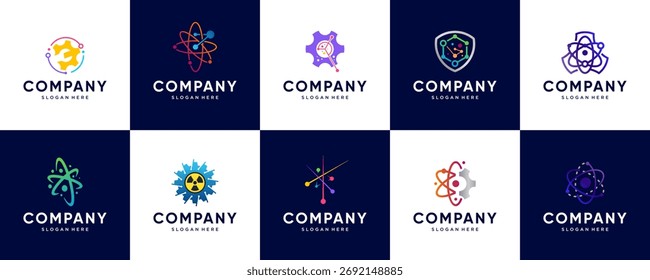Uma coleção de logotipos com conceitos de inovação de energia nuclear, o futuro da energia e design gráfico vetorial.