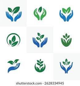 Collection of logos depicting hands protecting and nurturing green leaves and plants