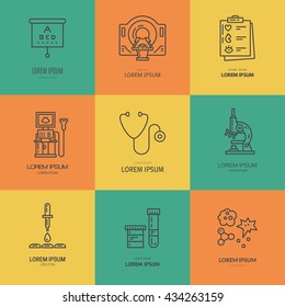 Collection of logos with different medical items and machines. Medical research and diagnostic. Label for lab, research center, MRI scan.