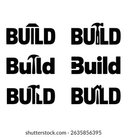 A collection of logos, each creatively incorporating building and construction elements. A conceptual design using a bold font and symbols, evoking a sense of creation.