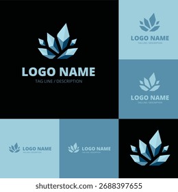 Una colección de logotipos con un diseño estilizado y geométrico que se asemeja a un cristal o una flor. Los logotipos varían en diseño y color de fondo.