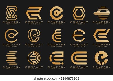 collection logos golden luxury with letters E. Geometrical abstract logos.