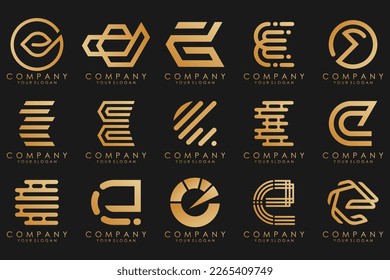 collection logos golden luxury with letters E. Geometrical abstract logos.
