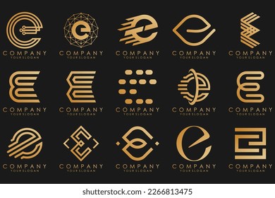 collection logos golden luxury with letters E. Geometrical abstract logos.