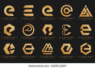 collection logos golden luxury with letters E. Geometrical abstract logos.