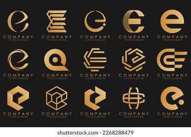 collection logos golden luxury with letters E. Geometrical abstract logos.