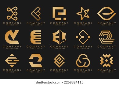 collection logos golden luxury with letters E. Geometrical abstract logos.