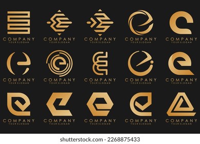 collection logos golden luxury with letters E. Geometrical abstract logos.