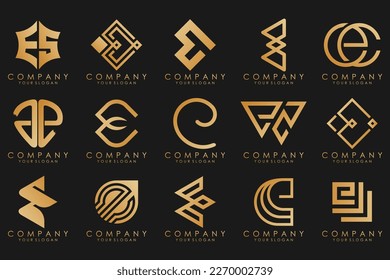 collection logos golden luxury with letters E. Geometrical abstract logos.