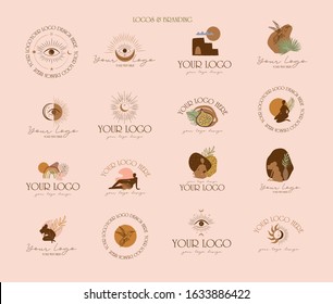 Collection of logos and icons with esoteric elements, abstract shape. Nature, Yoga, Skin care, Personal brand, psychology, astrology and esoteric concept illustration. Editable vector illustration.