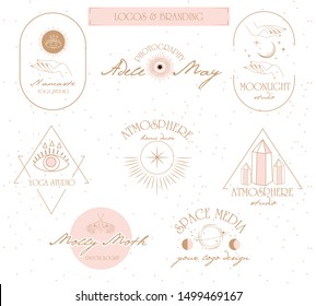 Collection of logos and icons in hand drawn style. Nature, Yoga, Skin care, Personal brand, psychology, astrology and esoteric concept illustration. Editable vector illustration.