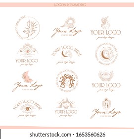 Collection of logos and icons in hand drawn style. Nature, Yoga, Skin care, Personal brand, psychology, astrology mythology and esoteric concept. Editable vector illustration.