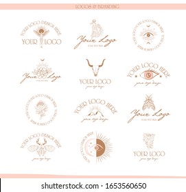 Collection of logos and icons in hand drawn style. Nature, Yoga, Skin care, Personal brand, psychology, astrology mythology and esoteric concept. Editable vector illustration.