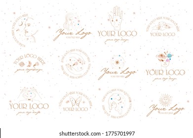 Collection of logos and icons in hand drawn style. Nature, Yoga, Skin care, Personal brand, psychology, astrology and esoteric concept illustration. Editable vector illustration.