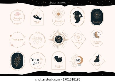 Collection of Logos with mystical, astrology elements, pregnant woman, baby, sun and moon. Branding collection. Editable vector illustration.