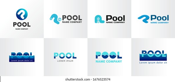 Colección de logotipos para piscinas y parques acuáticos . Asociación de Piscinas. Iconos vectoriales