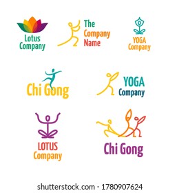 Collection of logos with stylized vector qigong poses and lotus flower, symbols of meditation and spiritual practice
