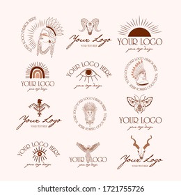 Collection of logotype with boho and tribal elements. Woman portrait, dreamcatcher, birds, animals skull, esoteric elements, insect and plants. Minimalist objects one line style. Vector Illustration.