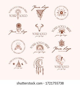 Collection of logotype with boho and tribal elements. Woman portrait, dreamcatcher, birds, animals skull, esoteric elements, insect and plants. Minimalist objects one line style. Vector Illustration.