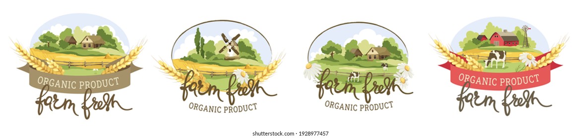 Collection logotype for farm product. Vector illustration, fields and meadows with cows and farm houses	