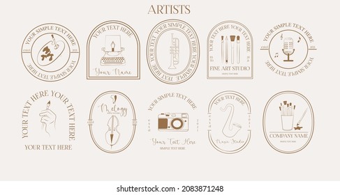 Collection of logotype template for creative activities. Minimalist linear symbol. Perfect for branding, label, sticker, logotype design. Editable Vector Illustration.